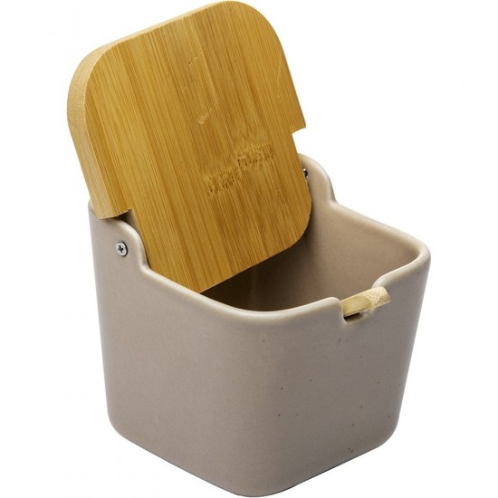 Saleiro 11cm De Largura Por 10cm De Altura De Cerâmica Cor Areia Com Tampa E Colher De Bambu